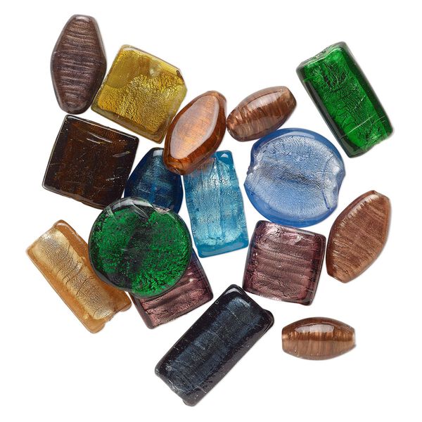 Bead mix, lampworked glass, translucent mixed colors, 23x14mm-35x19mm top-drilled and center-drilled mixed shapes with silver-colored foil. Sold per pkg of 16. image number 0