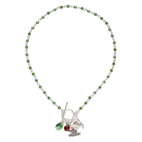 Necklace and earring set, One of a Kind jewelry, sterling silver and crystal, moss green, 16 inches. Only one available. image number 0