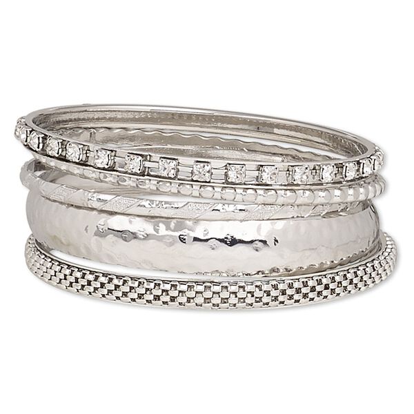 Bracelet, bangle, glass rhinestone and imitation rhodium-finished steel, clear, 3-12mm wide, 8 inches. Sold per 5-piece set. image number 0