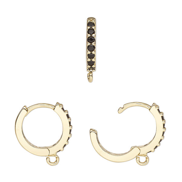 Hoop, gold-finished brass and glass, black, 15mm hoop, 17 gauge. Sold per pair. image number 0