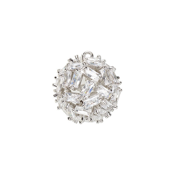 Drop, cubic zirconia and silver-plated brass, clear, 17.5mm hollow ball. Sold individually. image number 0