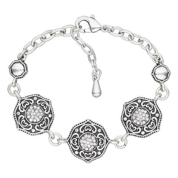 Bracelet, glass rhinestone / antique silver-plated brass / steel / "pewter" (zinc-based alloy), clear, 20mm wide with round, 6 inches with 2-inch extender chain and lobster claw clasp. Sold individually. image number 0