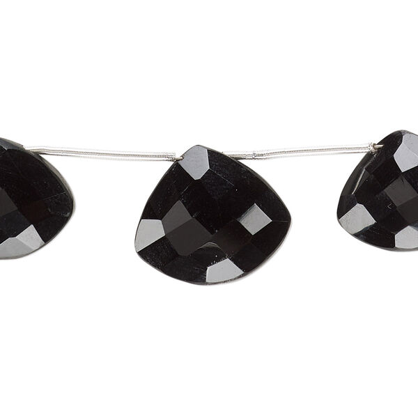 Black onyx 1pkg3, hand-cut top-drilled faceted puffed triangle bead graduated 15x13mm-17x15mm image number 0