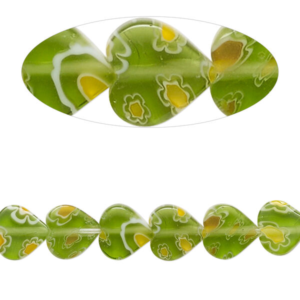 Bead, millefiori glass, translucent multicolored, 7-8mm flat heart with stripe and flower design. Sold per 14-inch strand. image number 0