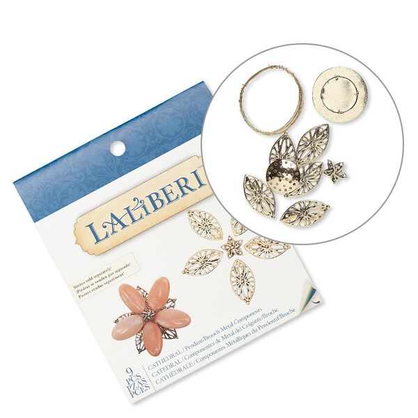 Pendant / brooch kit, Laliberi™, antiqued gold-finished steel and "pewter" (zinc-based alloy), flower. Sold per kit. image number 0