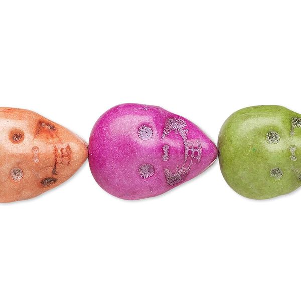 Bead, "howlite" (imitation) resin, mixed colors, 18x13mm-20x15mm skull. Sold per 8-inch strand. image number 0