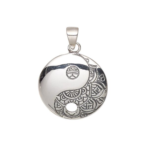 Pendant, antiqued sterling silver, 21mm single-sided domed round with textured and smooth yin-yang design and 3.2mm bottom hole. Sold individually. image number 0