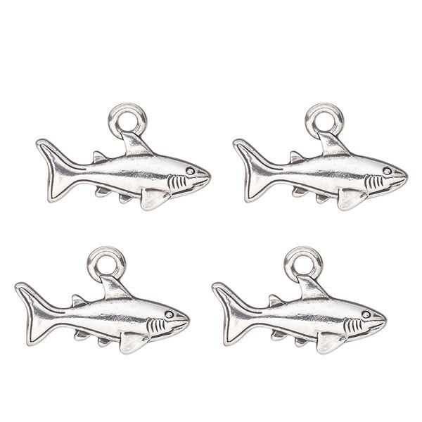 Charm, antique silver-finished "pewter" (zinc-based alloy) , 18x9mm single-sided shark. Sold per pkg of 4. image number 0