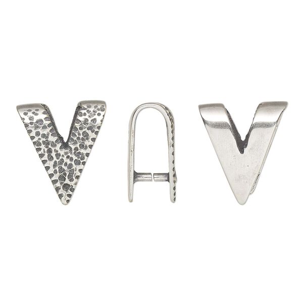 Bail, JBB Findings, ice-pick, antique silver-plated brass, 15x12.5mm single-sided textured "V" shape, 9.5mm grip length. Sold individually. image number 0