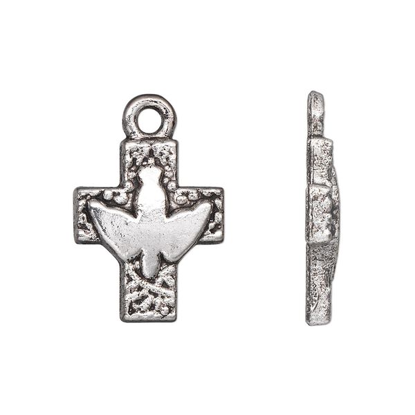 Drop, antique silver-plated "pewter" (zinc-based alloy), 20x16mm single-sided cross with peace dove. Sold per pkg of 10. image number 0