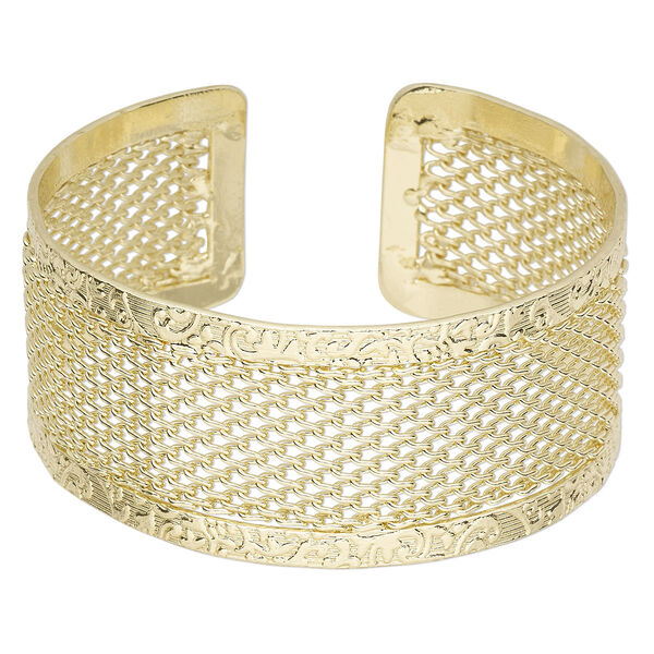 Bracelet, cuff, gold-finished steel, 30mm wide with cutout mesh design, adjustable from 7-1/2 to 8 inches. Sold individually. image number 0