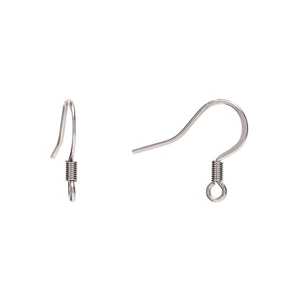 Ear wire fishhook 1pkg20, 15mm flat / 3mm coil / open loop, 22 gauge stainless steel 10 pair image number 0