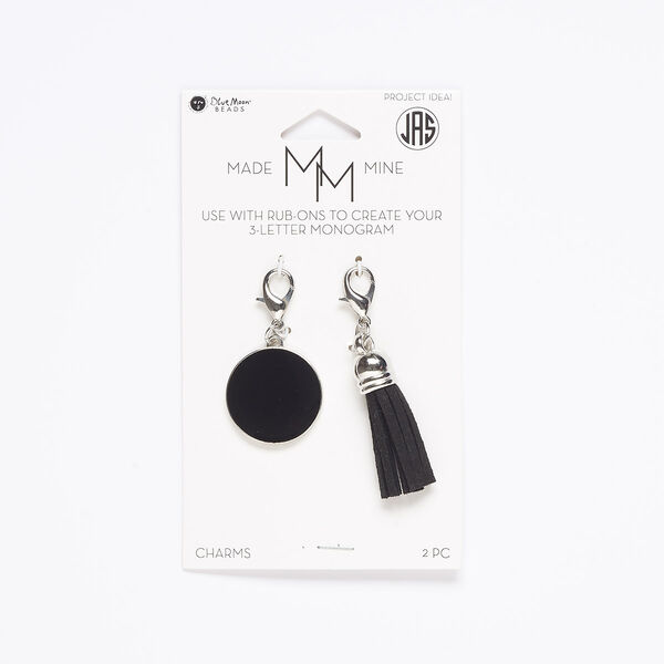 Drop, faux suede / enamel / silver-finished "pewter" (zinc-based alloy) / steel, black, 25mm flat round and 35x23mm tassel with lobster claw clasp. Sold per pkg of 2. image number 0