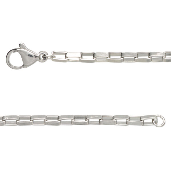 Chain, stainless steel, 2.5mm rectangular box, 24 inches with lobster claw clasp Sold per pkg of 2. image number 0