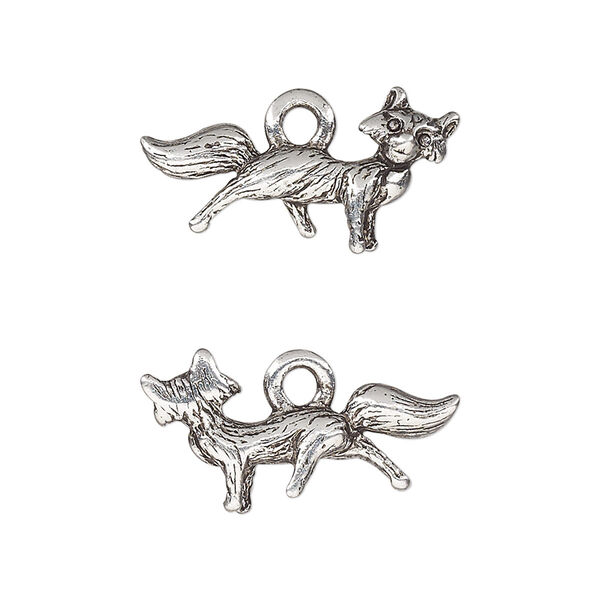 Charm, antique silver-plated pewter (tin-based alloy), 22.5x12.5mm 3D fox. Sold per pkg of 2. image number 0