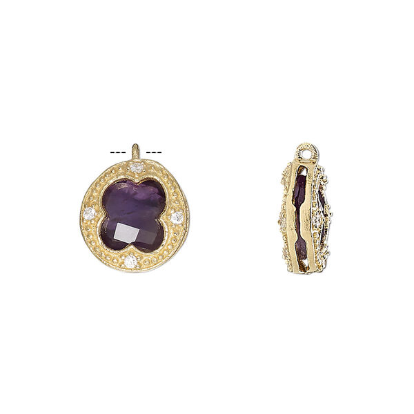 Drop, amethyst (natural) / cubic zirconia / gold-finished sterling silver, clear, 12mm two-sided faceted round. Sold individually. image number 0