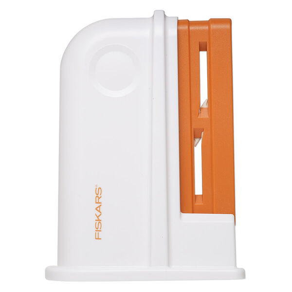 Scissors sharpener, FISKARS®, plastic and ceramic, white and orange, 5 x 4 x 1-3/4 inches. Sold individually. image number 0