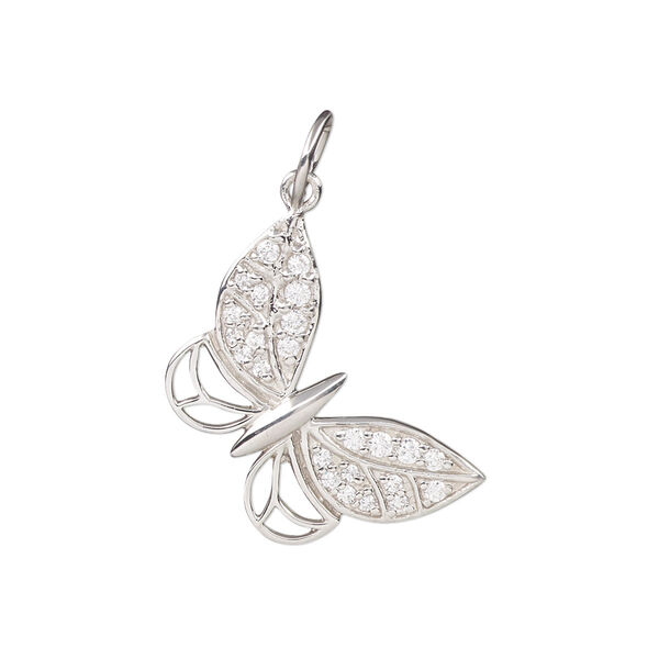 Charm, cubic zirconia and rhodium-plated sterling silver, clear, 22mm single-sided butterfly. Sold individually. image number 0