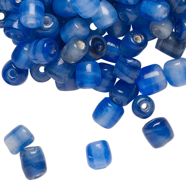 Bead mix, lampworked glass, translucent blue / light blue / blue-grey, 6x5mm round tube. Sold per 2-ounce pkg, approximately 175 beads. image number 0