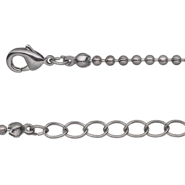 Chain, gunmetal-plated brass, 2mm ball, 7-1/2 inches with 1-1/4 inch extender chain and lobster claw clasp. Sold per pkg of 6. image number 0
