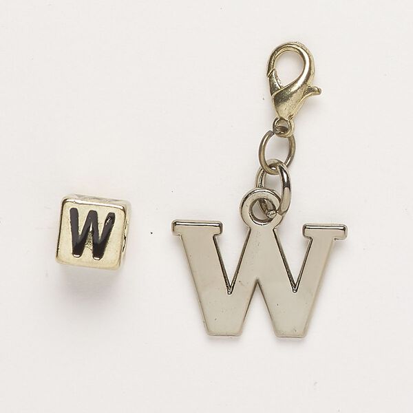 Bead and charm, brass-finished "pewter" (zinc-based alloy) / steel / enamel, black, 7mm cube with alphabet letter "W" and 19x13mm alphabet letter "W" with lobster claw clasp. Sold per pkg of 2. image number 0