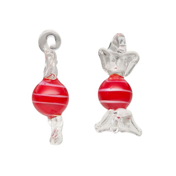 Drop, lampworked glass, translucent red / white / clear, 20x10mm-25x15mm candy. Sold per pkg of 2. image number 0