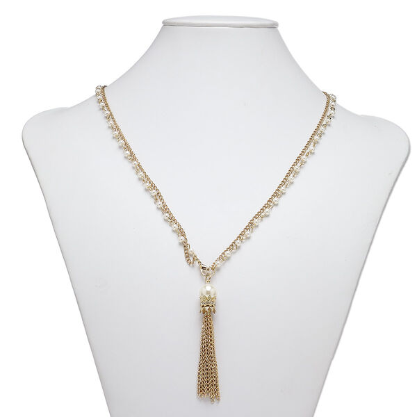 Necklace, 2-strand, acrylic pearl / glass rhinestone / gold-finished steel, white and clear, 3-inch dangle, 36 inches with lobster claw clasp. Sold individually. image number 0