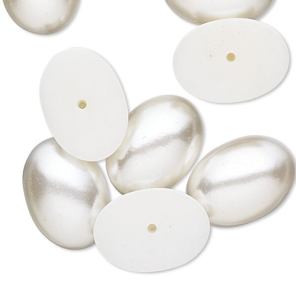 Cabochon, vintage Japanese acrylic pearl, white, 17x12mm half-drilled non-calibrated oval. Sold per pkg of 10. image number 0