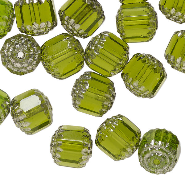 Czech pressed glass 1pkg40, cathedral bead translucent olive green / metallic silver 10mm image number 0