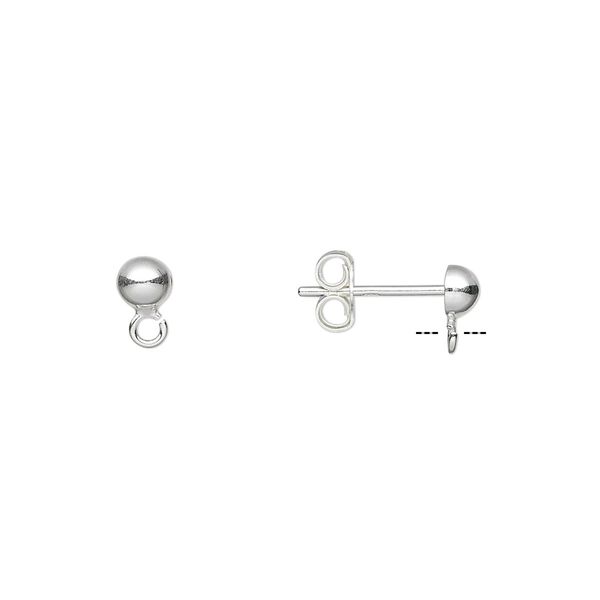 Earstud 1pkg10 sterling silver, 4mm half-ball / open loop / earnuts, 5 pair image number 0