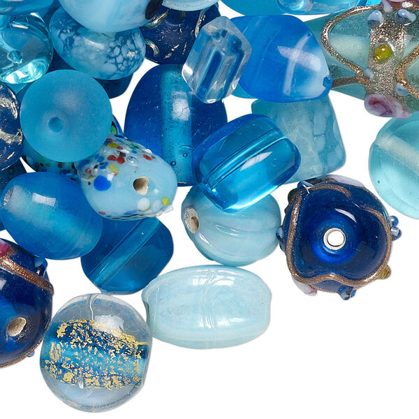Bead mix, lampworked glass, turquoise blue with fancy finish, 7x4mm-14x11mm mixed shapes. Sold per pkg of 100-grams, approximately 60-100 beads. image number 0