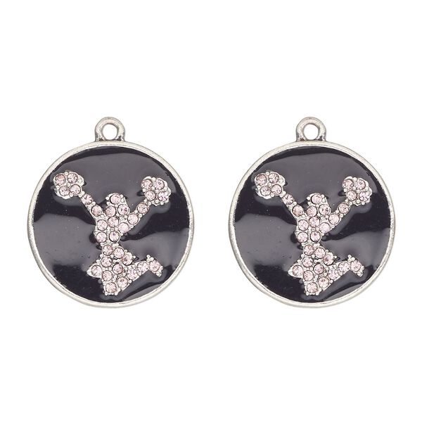 Charm, antique silver-finished "pewter" (zinc-based alloy) / enamel / glass, black and pink, 24mm single-sided cheerleader round. Sold per pkg of 2. image number 0