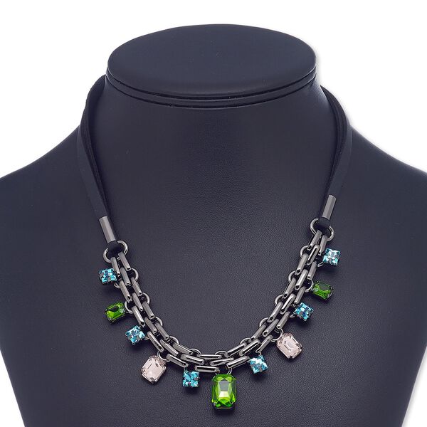 Necklace, leather (dyed) / glass / black-plated steel / "pewter" (zinc-based alloy), multicolored, rectangle, 16 inches with 2-inch extender chain and lobster claw clasp. Sold individually. image number 0