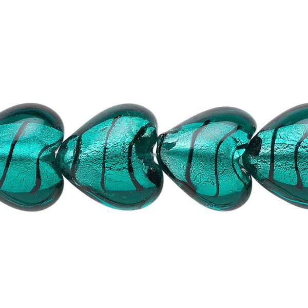 Bead, lampworked glass, teal and black with silver-colored foil, 15x15mm puffed heart with lines. Sold per 15-1/2" to 16" strand. image number 0