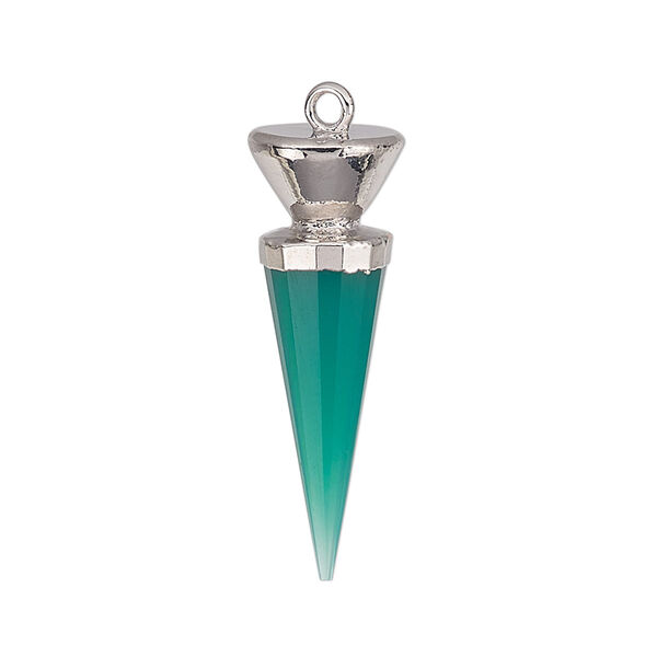 Focal, green onyx (dyed) / electroplated silver / silver-plated sterling silver, 30x9.5mm-31x10mm hand-cut faceted point. Sold individually. image number 0