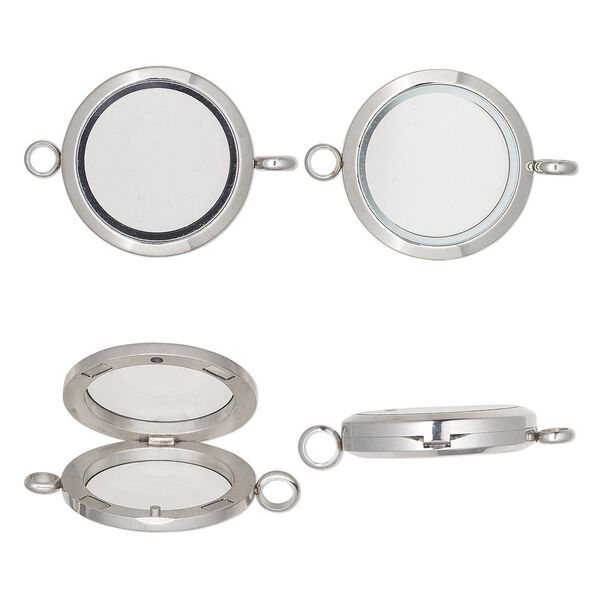 Pendant, glass and stainless steel, clear, 37x30mm hinged round with magnetic closure and loop. Sold individually. image number 0
