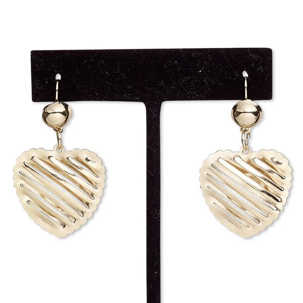 Earring, gold-finished steel, 1-1/2 inches with heart and fishhook ear wire with safety. Sold per pair. image number 0