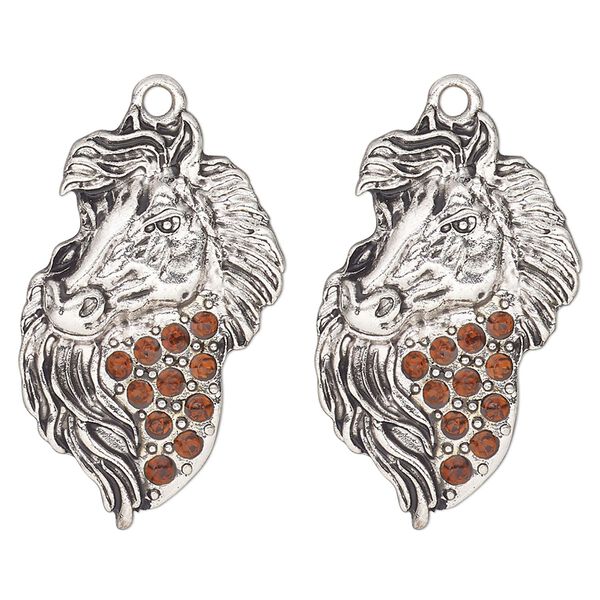 Focal, antique silver-finished "pewter" (zinc-based alloy) and glass, brown, 31x19mm single-sided horse head. Sold per pkg of 2. image number 0