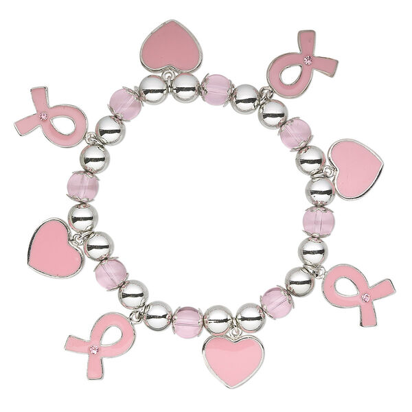 Bracelet, stretch, acrylic / glass rhinestone / enamel / "pewter" (zinc-based alloy), pink and clear, 7-9mm round / 16x14.5mm heart / 18x14mm awareness ribbon, 6-1/2 inches. Sold individually. image number 0