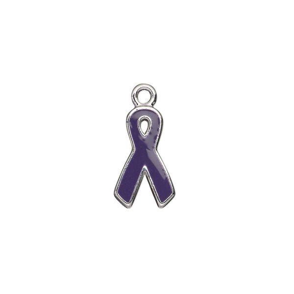 Charm, silver-plated aluminum and epoxy, purple, 15x9mm single-sided awareness ribbon. Sold per pkg of 6. image number 0