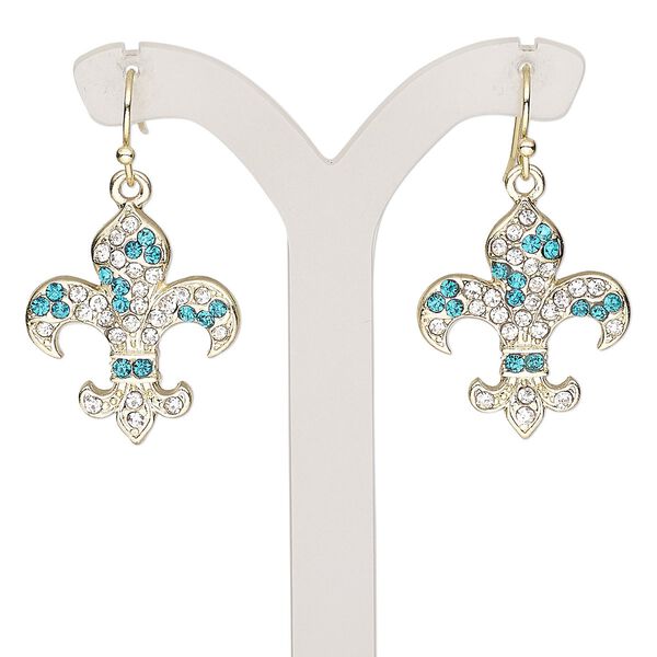 Earring, glass rhinestone with gold-finished brass and "pewter" (zinc-based alloy), clear and teal, 35mm with fleur-de-lis and fishhook ear wire. Sold per pair. image number 0