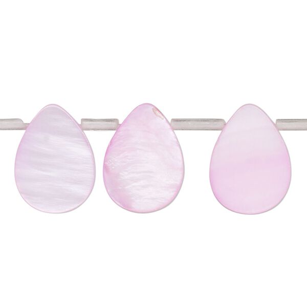 Bead, mother-of-pearl shell (dyed), pink, 14x6mm-16x10mm top-drilled flat teardrop, Mohs hardness 3-1/2. Sold per 13-inch strand, approximately 25 beads. image number 0