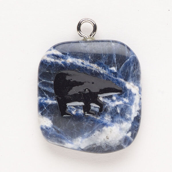 Focal, steel/sodalite (natural)/enamel, pkg/1, silver finish and black, 30x24mm-39x27mm single-sided puffed freeform with bear, B- grade. image number 0