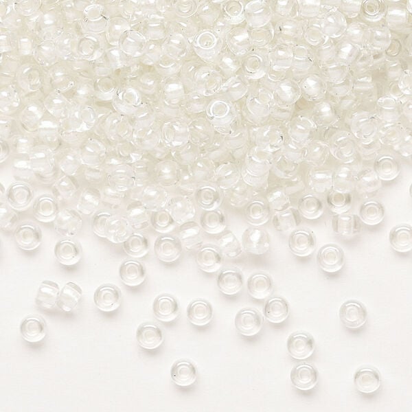 Seed bead, Miyuki, glass, pkg/50g, #8 rocaille, translucent white pearl-lined rainbow pale beige, (RR-3801). image number 0