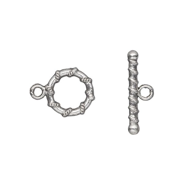 Clasp, toggle, antique silver-plated "pewter" (zinc-based alloy), 11mm double-sided round with rope design. Sold per pkg of 20. image number 0