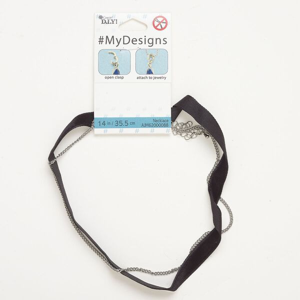 Necklace, steel and ribbon, pkg/14-inch, silver finish and black, 10.5mm choker. image number 0