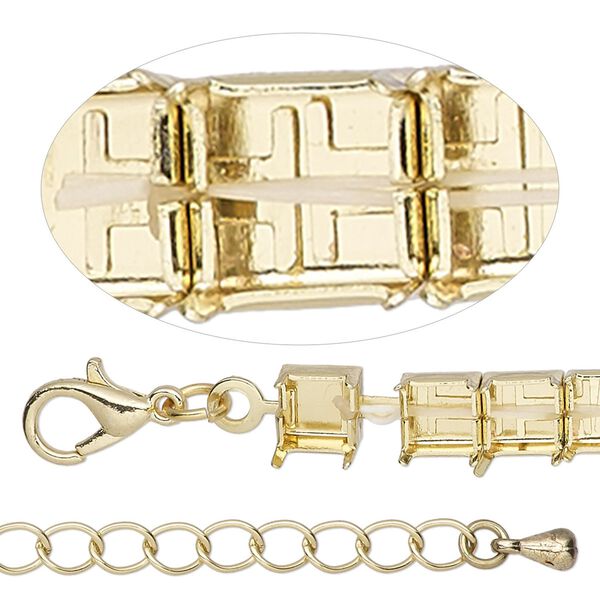 Bracelet component, gold-finished brass and steel, 6mm wide with cupchain and (30) SS29 settings, 8 inches with 1-inch extender chain and lobster claw clasp. Sold individually. image number 0