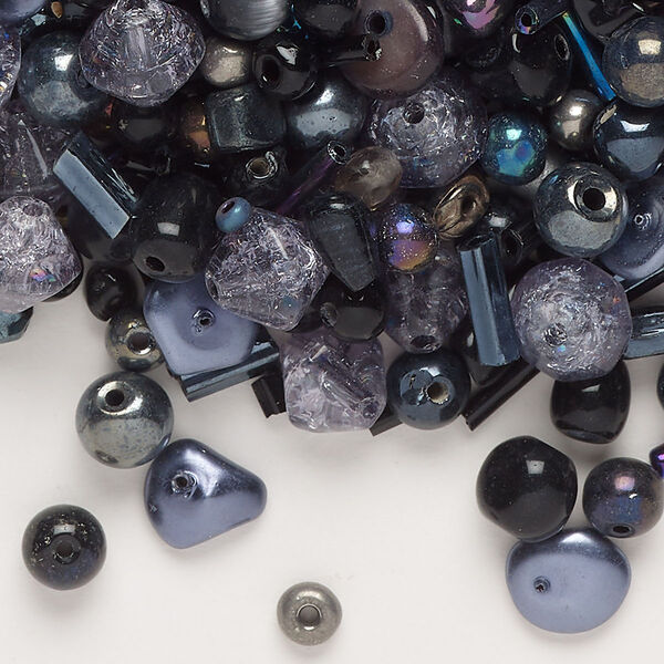 Bead mix, glass / plastic / acrylic / mother-of-pearl shell (dyed), opaque and translucent luster black / grey / peacock AB, 3x2mm-8x4mm mixed shapes. Sold per 100-gram pkg, approximately 1100 beads. image number 0