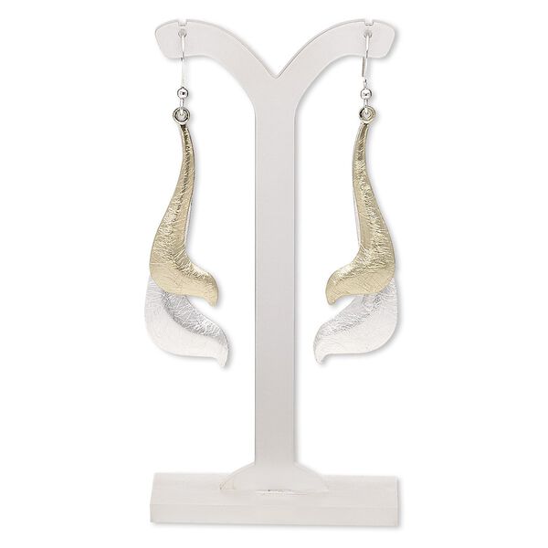 Earring, gold-plated / silver-finished brass / steel / "pewter" (zinc-based alloy), 68mm with scratched wave and fishhook ear wire. Sold per pair. image number 0