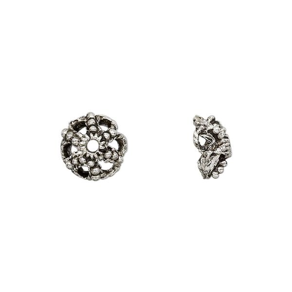 Bead cap, antiqued "pewter" (zinc-based alloy), 10x4mm filigree saucer, fits 8-10mm bead. Sold per pkg of 24. image number 0
